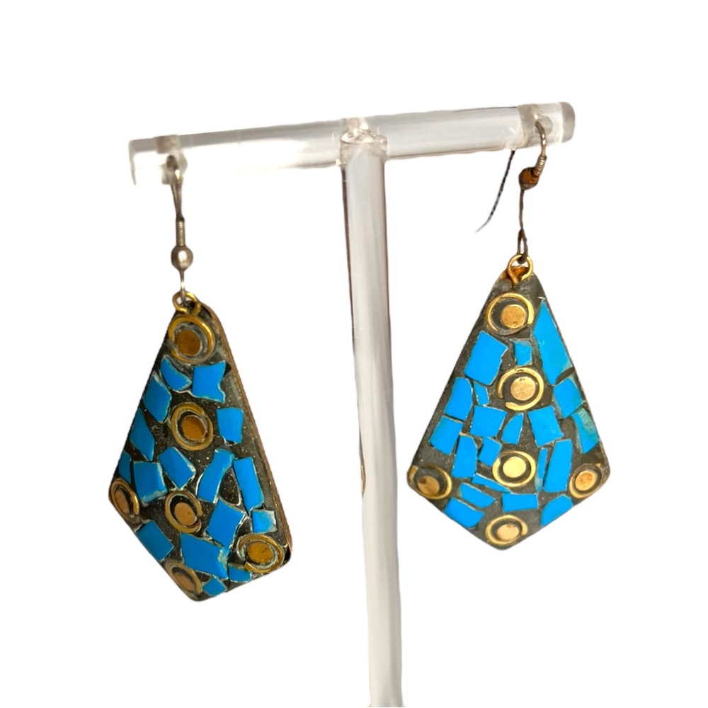 Vintage Art Deco Etruscan Mosaic Dangle Womens Earrings Jewelry Western Boho